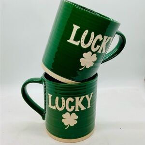 Set Of 2 Green And White LUCKY With Horseshoe & 4 Leaf Clover Design 16ounce New
